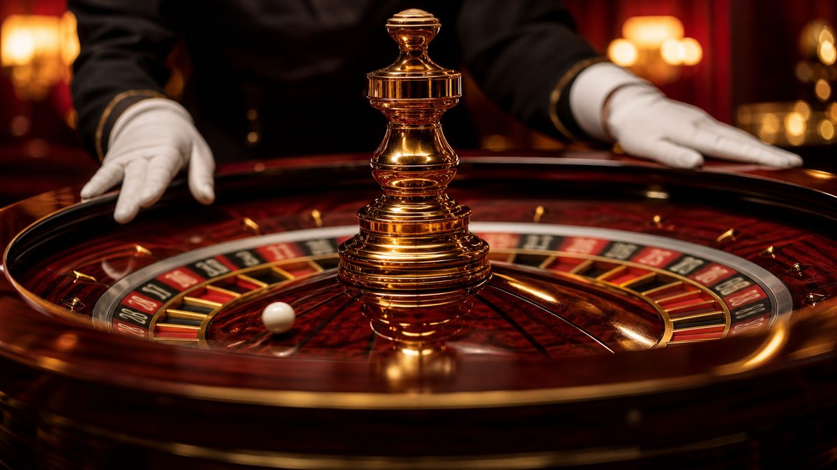 Meja roulette klasik di kasino dengan roda berputar