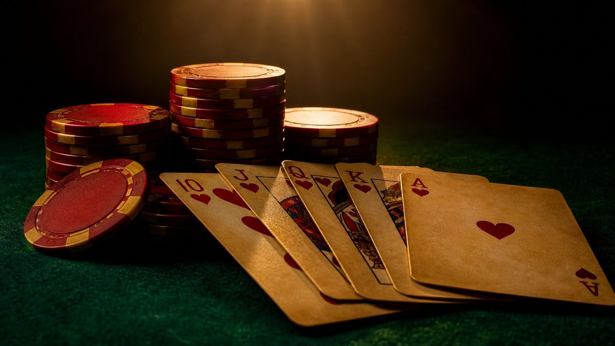 Susunan keping poker dan kartu di atas meja hijau