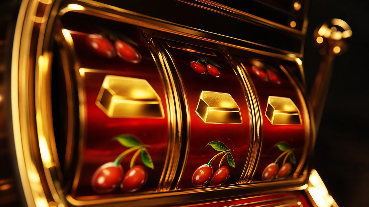 Layar mesin slot dengan simbol BAR bercahaya merah