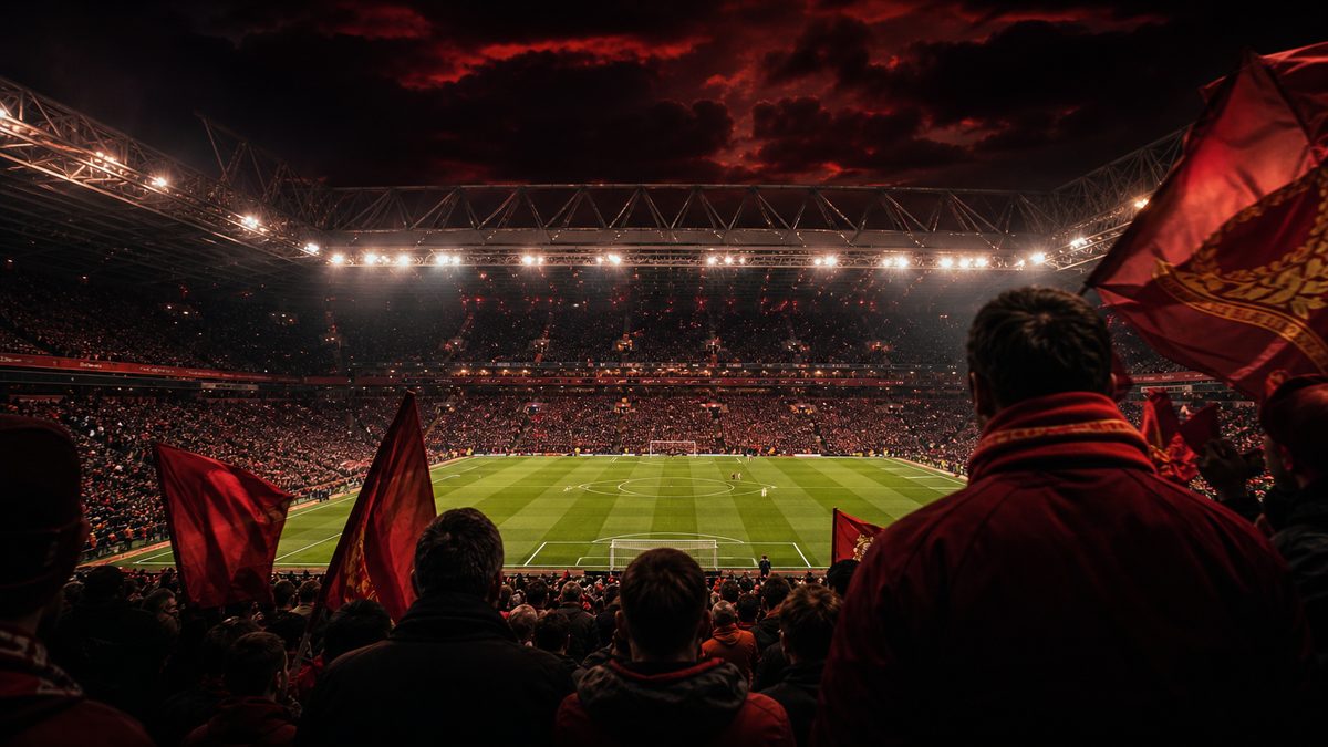 Stadion sepak bola di malam hari dengan lampu sorot menyala