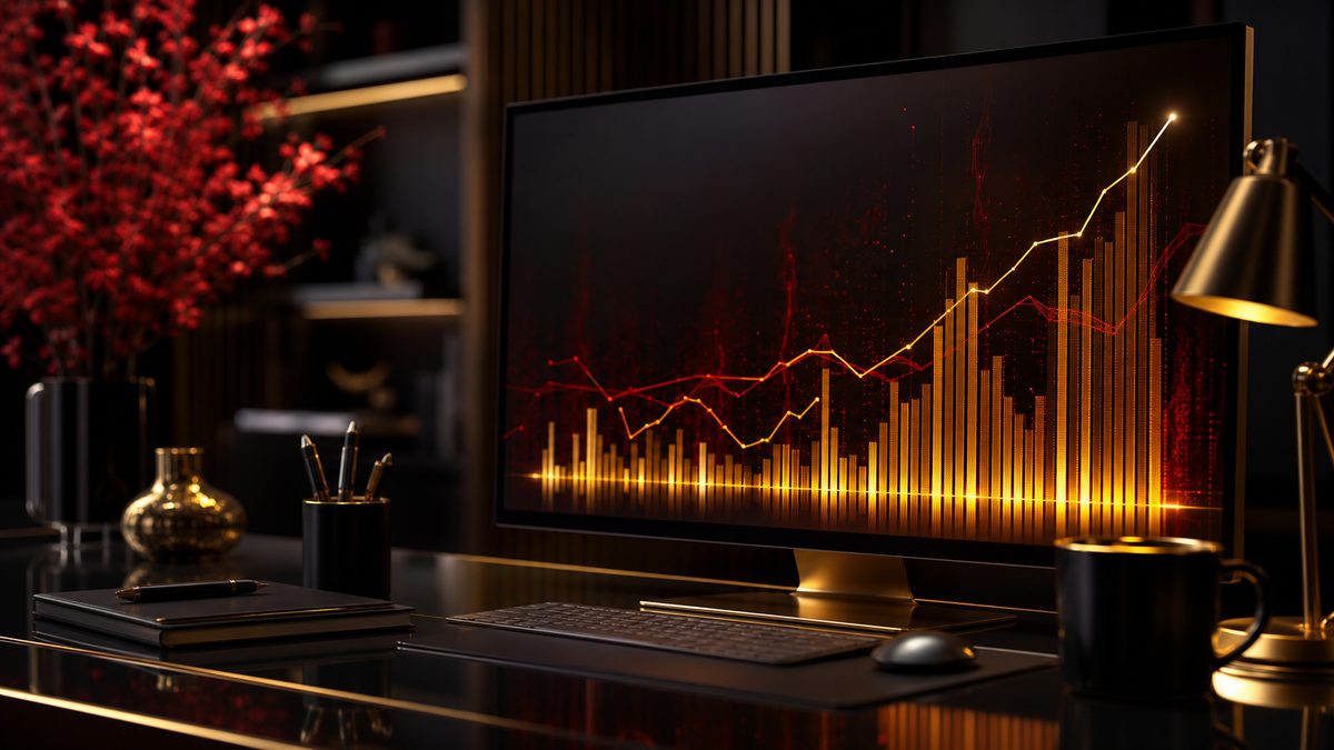 Layar grafik bercahaya emas untuk analisis data permainan
